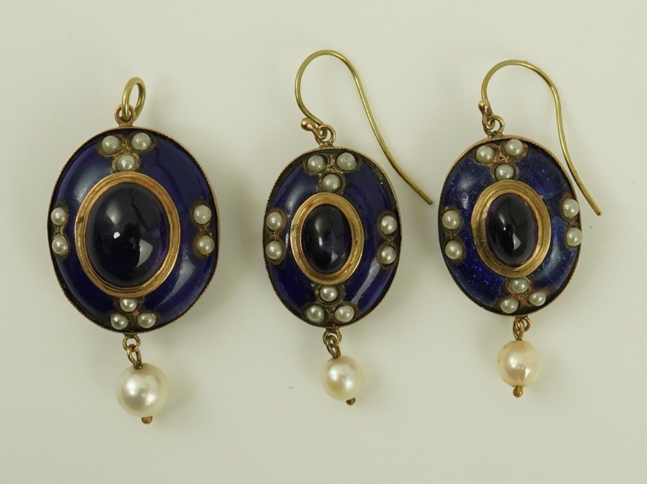 A Victorian gold, cabochon amethyst, enamel and seed pearl set lapis lazuli suite of jewellery